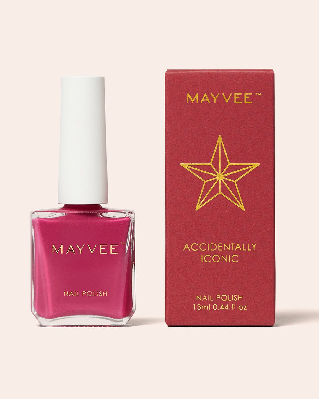 Nail polish bottle and box, fuchsia pink shade, MAYVEE Accidentally Iconic