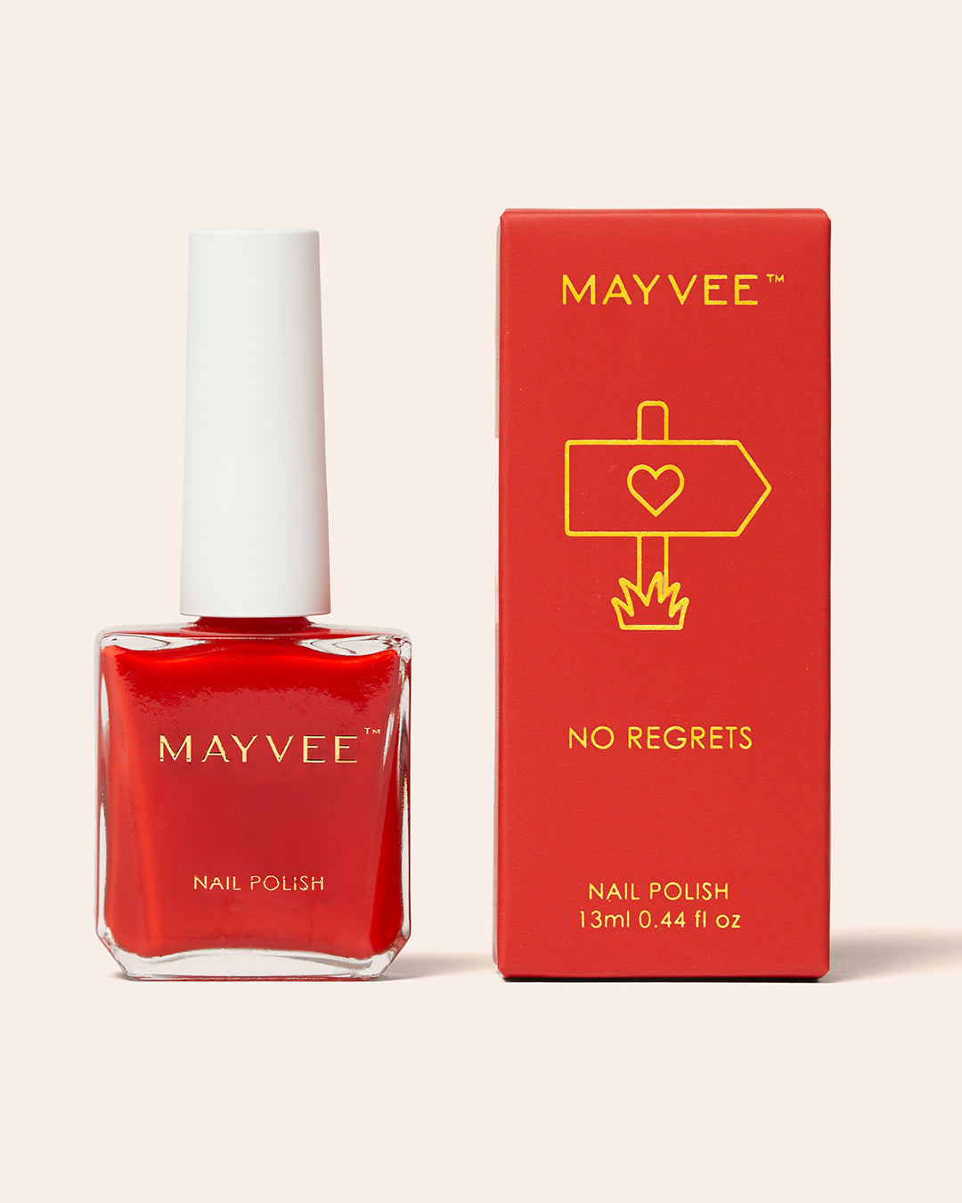 MAYVEE No Regrets red nail polish bottle and matching box
