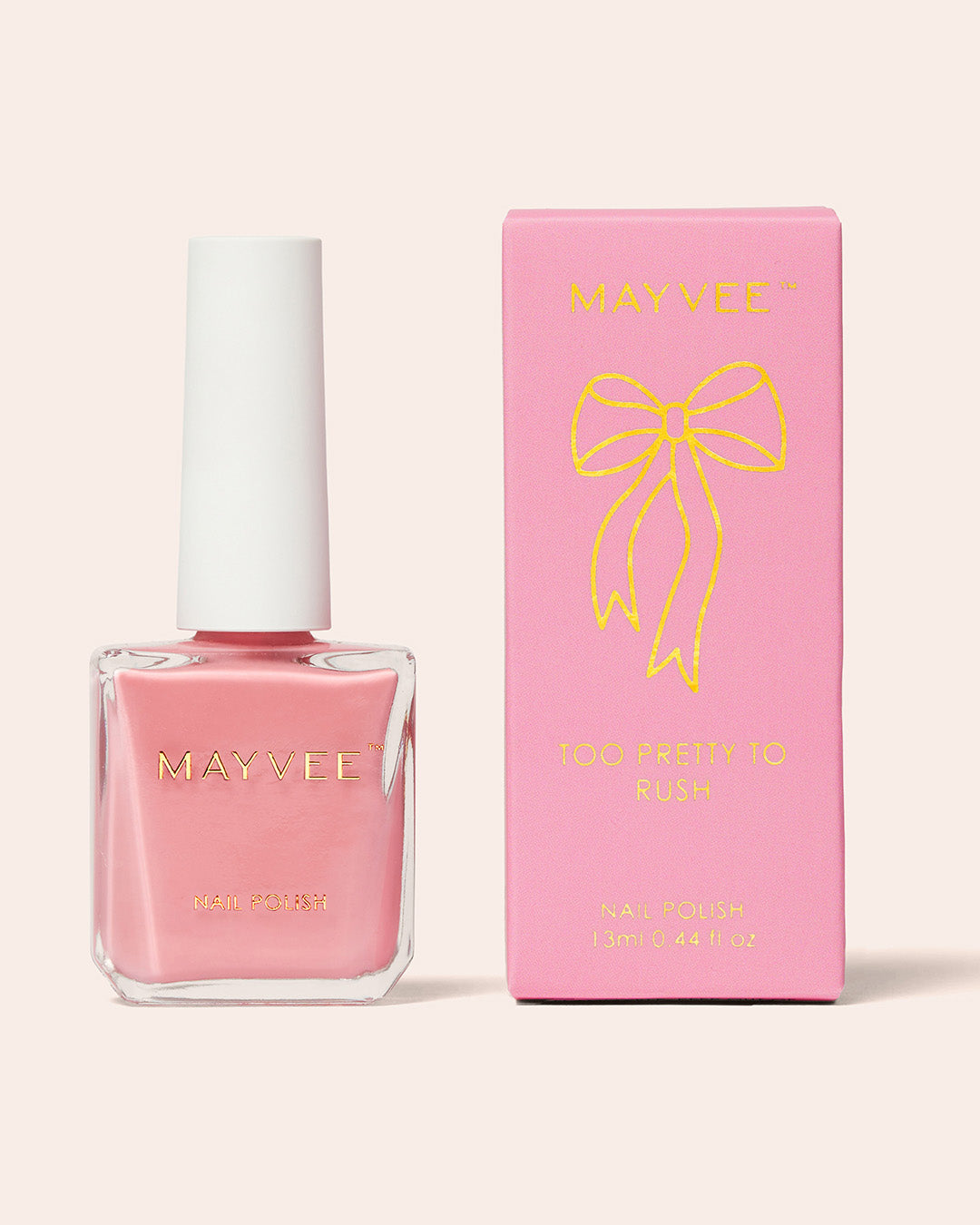 MayVee nail polish bottle and pink box for Too Pretty To Rush