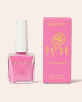 Pink nail polish bottle with matching box, floral label