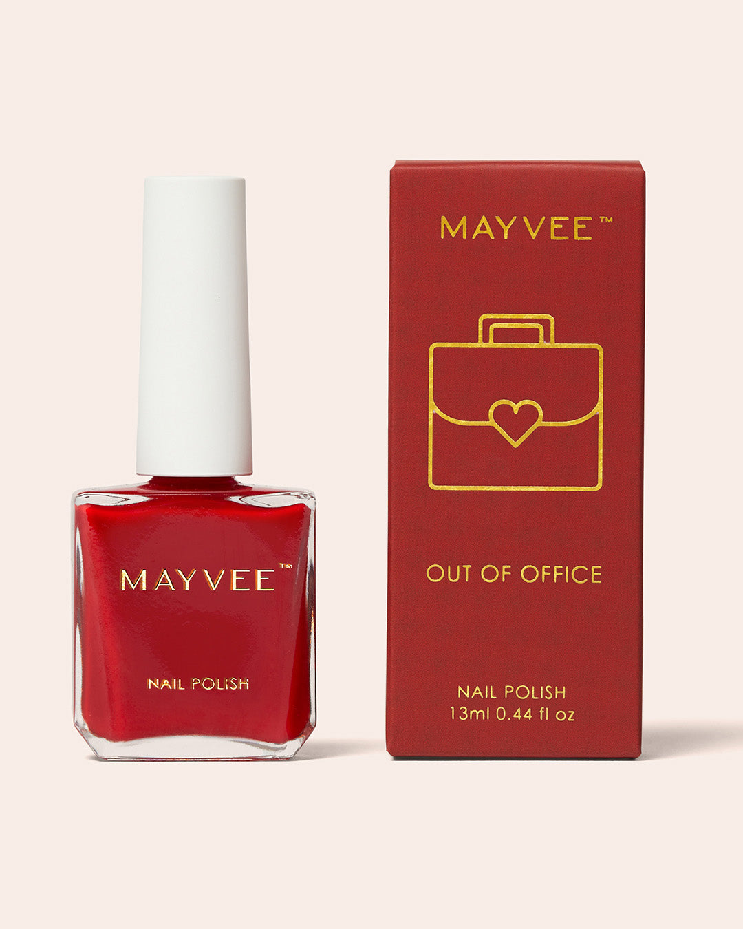 MAYVEE Out of Office red nail polish bottle and box, 13 ml