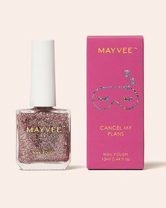 Pink glitter nail polish bottle with white cap and pink box by MAYVEE brand in 'Cancel My Plans' with Night Sleeping Mask icon on box