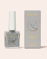 Silver holographic glitter nail polish bottle with box MAYVEE brand, 13 ml in 'Blame The Moon' with moon and stars icon in holographic print detail on box