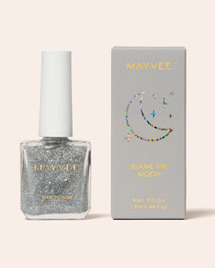 Silver holographic glitter nail polish bottle with box MAYVEE brand, 13 ml in 'Blame The Moon' with moon and stars icon in holographic print detail on box