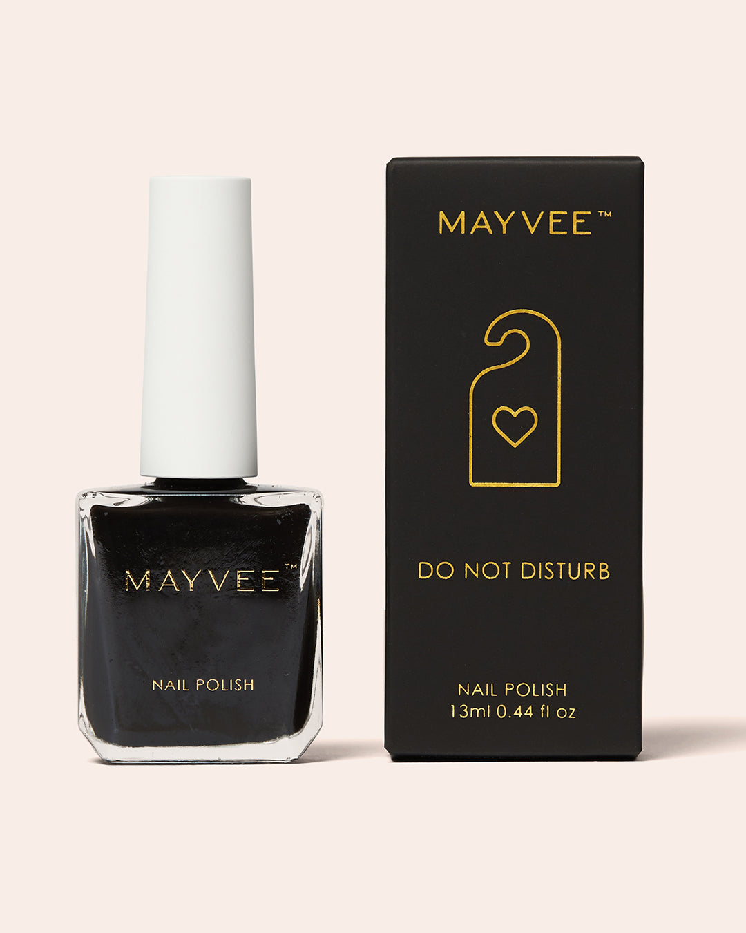 Do Not Disturb nail polish bottle and box, black shade, MAY VEE logo