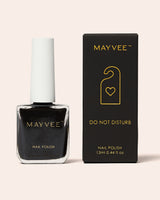 Do Not Disturb nail polish bottle and box, black shade, MAY VEE logo