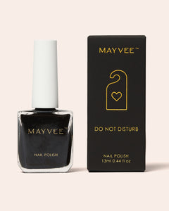 Do Not Disturb nail polish bottle and box, black shade, MAY VEE logo