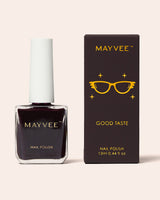 MayVee Good Taste nail polish bottle and box, dark maroon shade