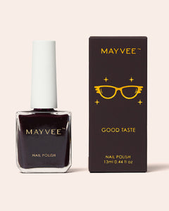 MayVee Good Taste nail polish bottle and box, dark maroon shade