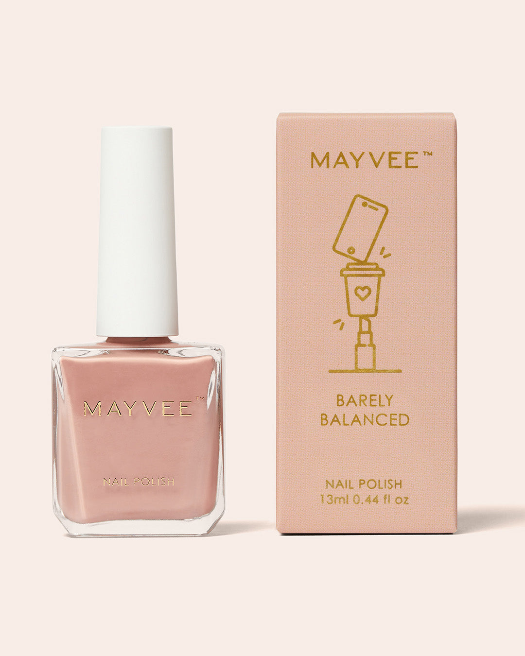 Mayvee Barely Balanced nail polish bottle and box, dusty rose pink, 13 ml