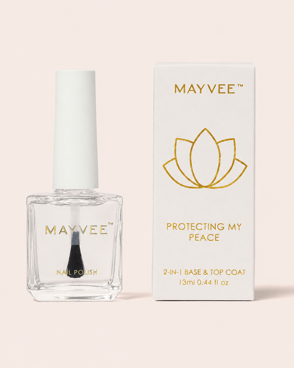 Nail polish bottle with white cap and box, 2-in-1 base & top coat, 13 ml